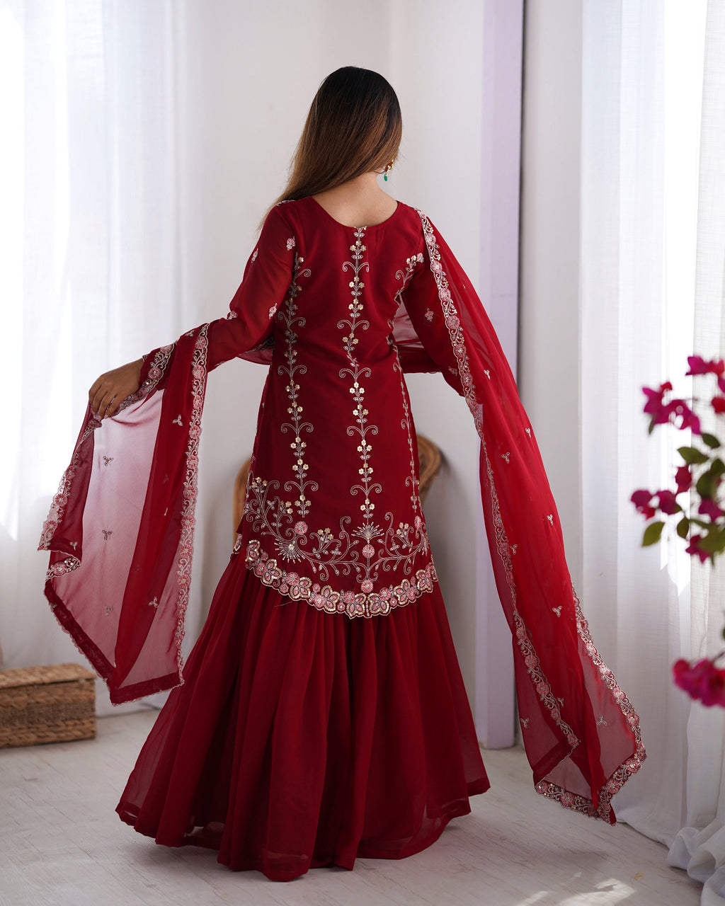 Lehenga Mart Red Faux Georgette Gorgeous Sharara Suit For Wedding Wear