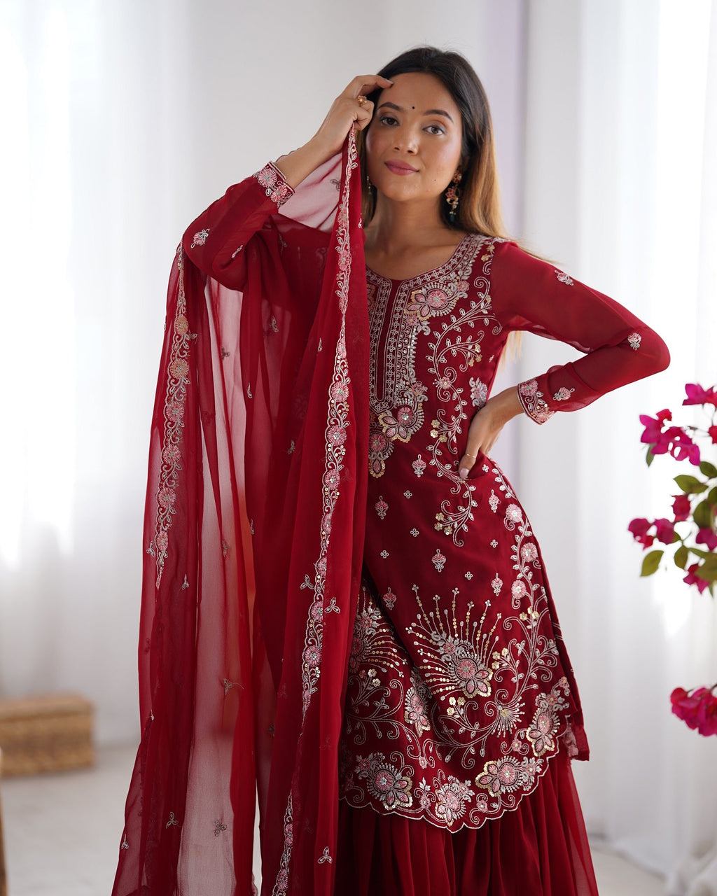 Lehenga Mart Red Faux Georgette Gorgeous Sharara Suit For Wedding Wear