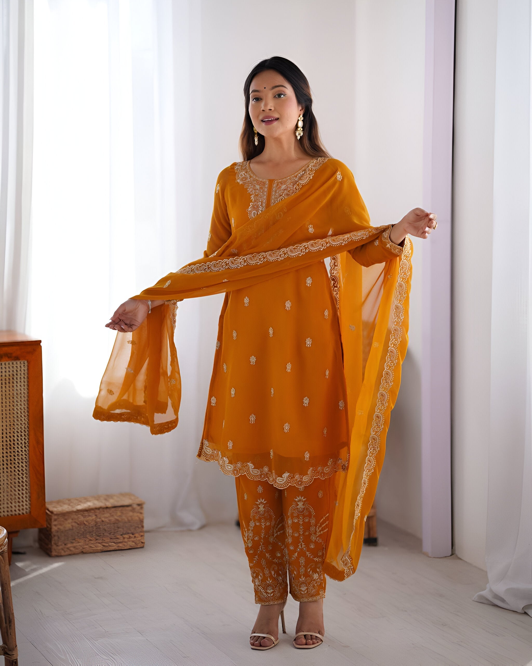 Lehenga Mart Designer Kurta Pant Dupatta - Mustard