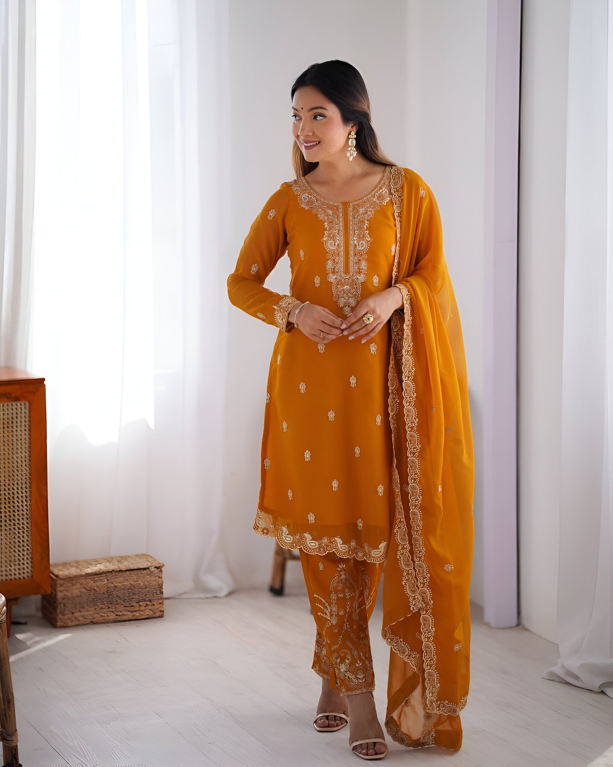 Lehenga Mart Designer Kurta Pant Dupatta - Mustard
