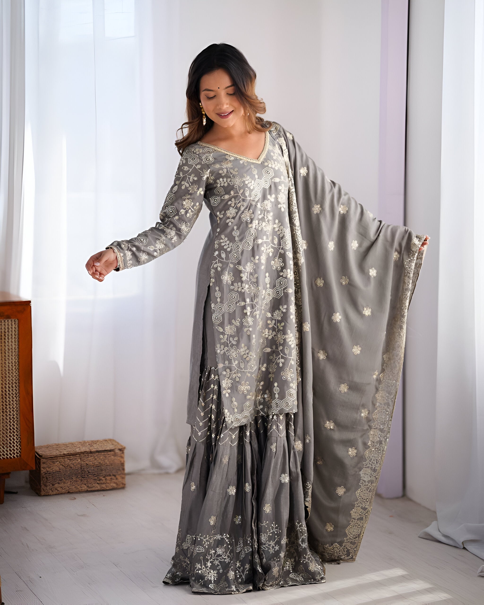 Lehenga Mart Designer Wedding Wear Sharara Suit for Women - Grey