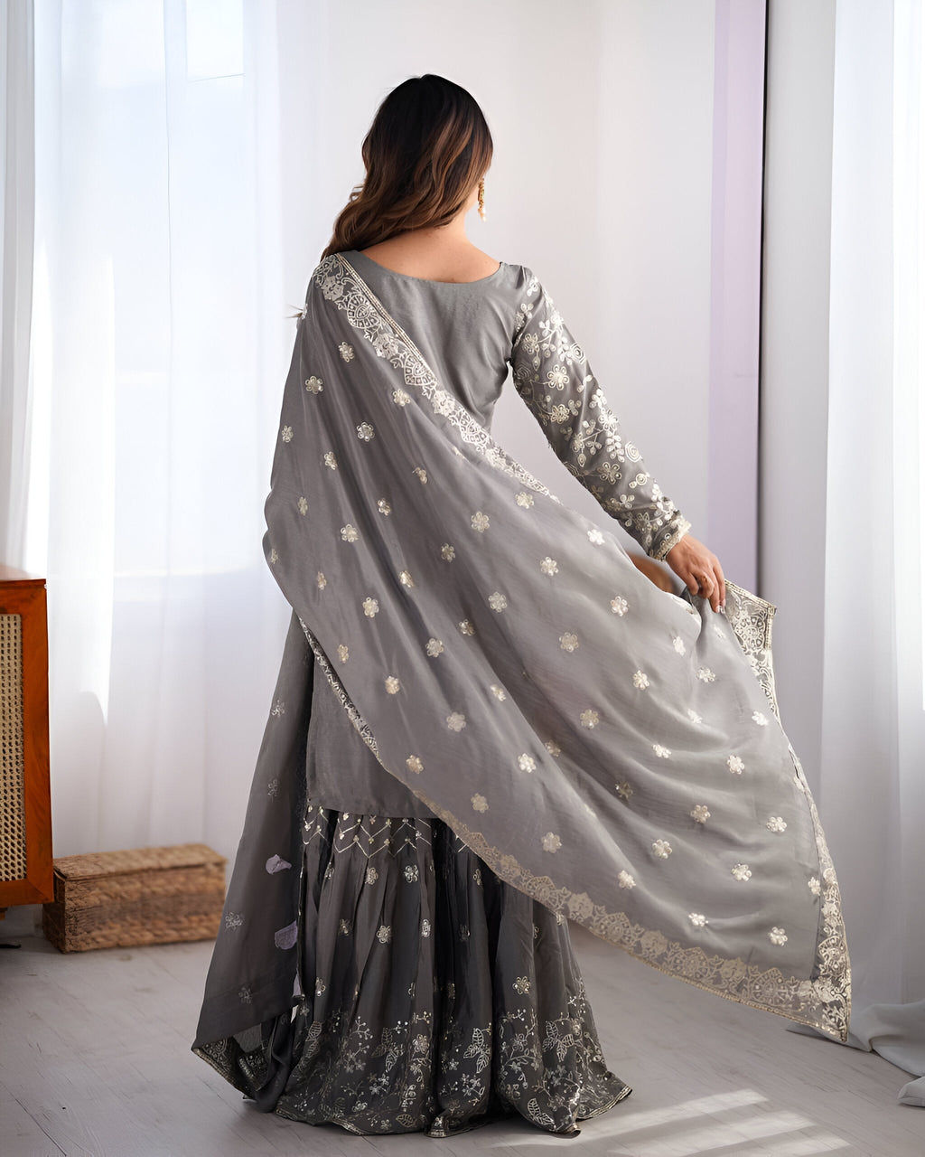 Lehenga Mart Designer Wedding Wear Sharara Suit for Women - Grey