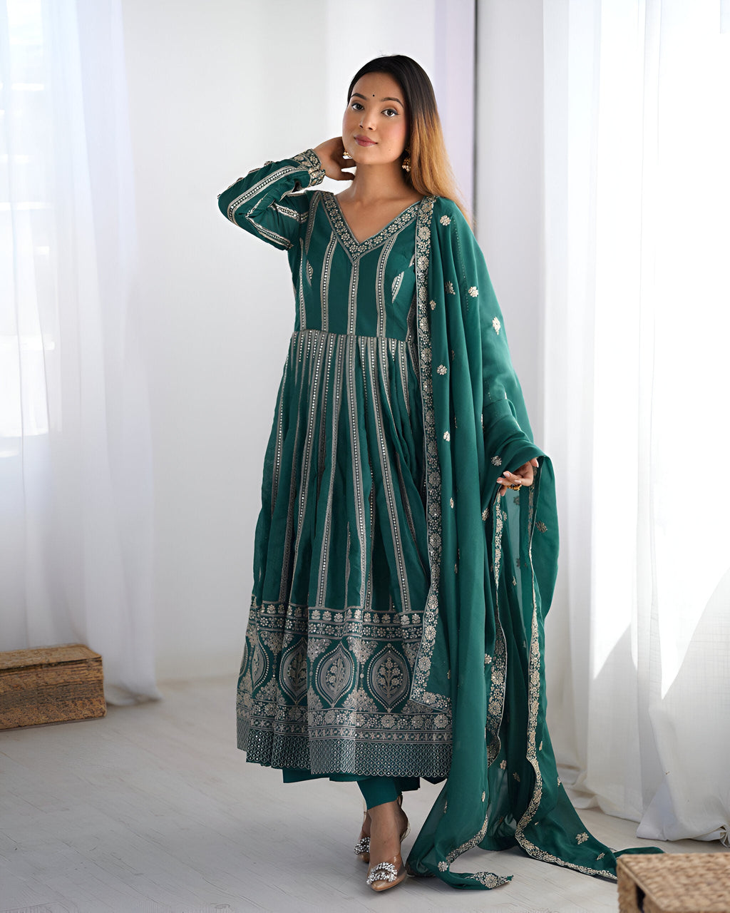 Lehenga Mart Wedding Wear Anarkali Gown With Dupatta Set - Green