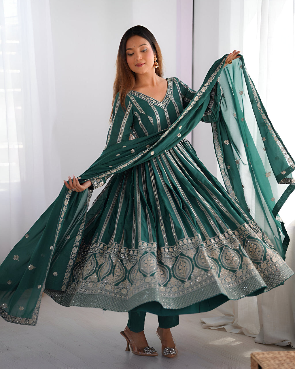 Lehenga Mart Wedding Wear Anarkali Gown With Dupatta Set - Green