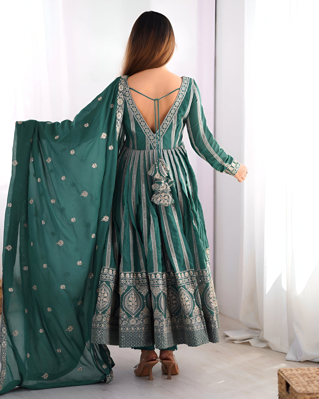 Lehenga Mart Wedding Wear Anarkali Gown With Dupatta Set - Green