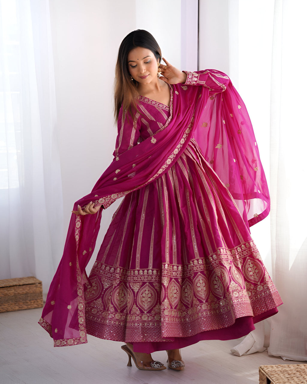 Lehenga Mart Wedding Wear Anarkali Gown With Dupatta Set - Pink