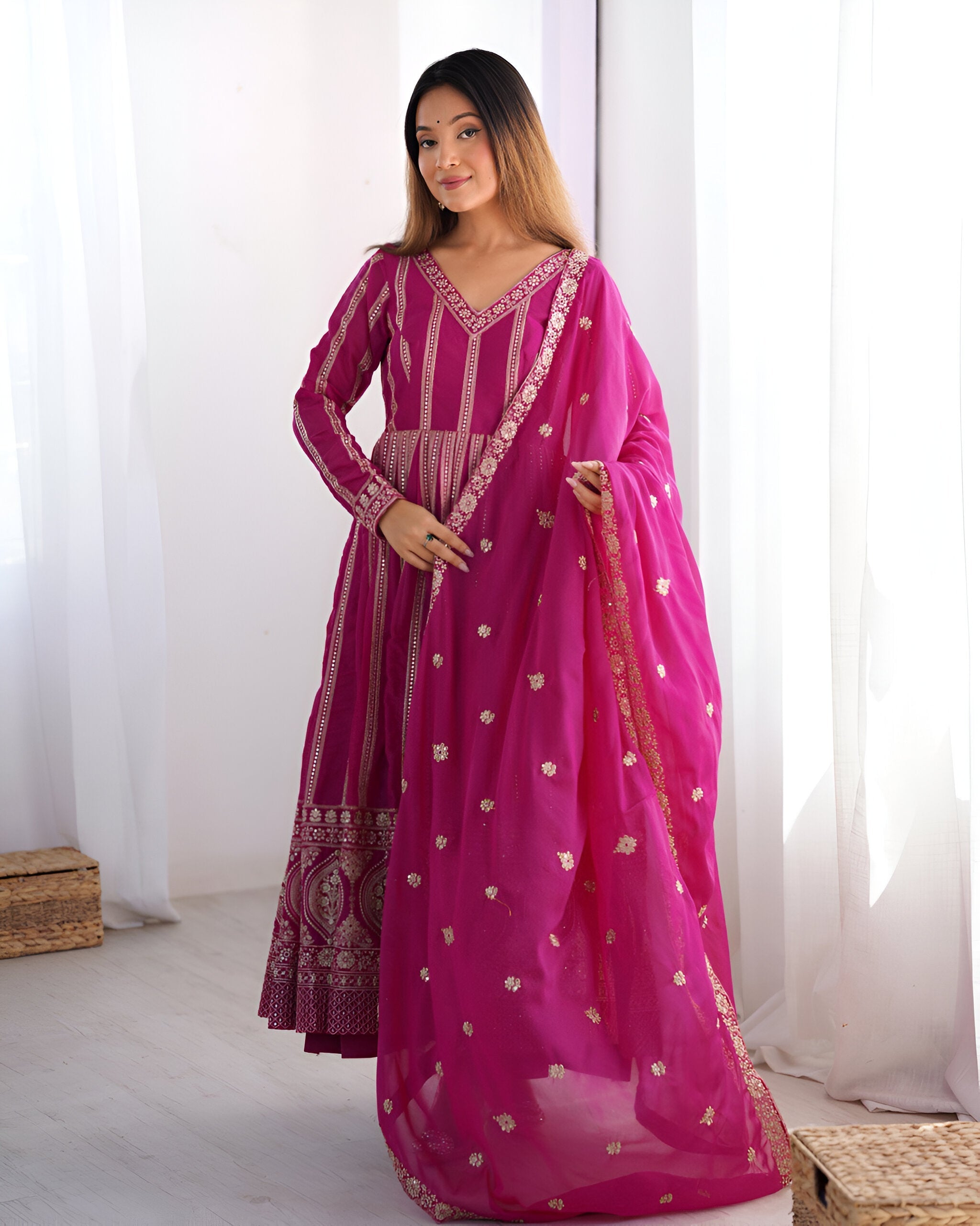 Lehenga Mart Wedding Wear Anarkali Gown With Dupatta Set - Pink