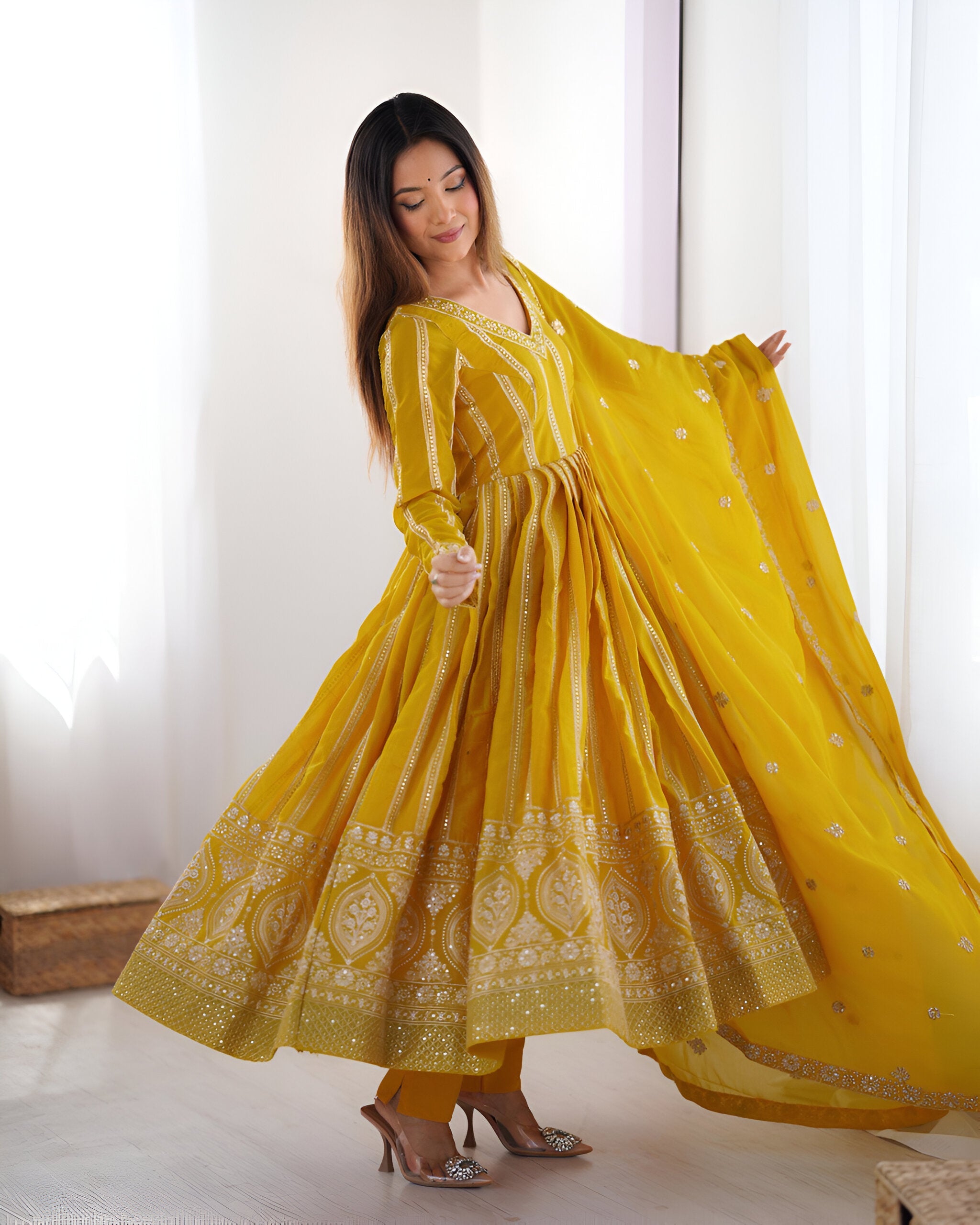Lehenga Mart Wedding Wear Anarkali Gown With Dupatta Set - Yellow