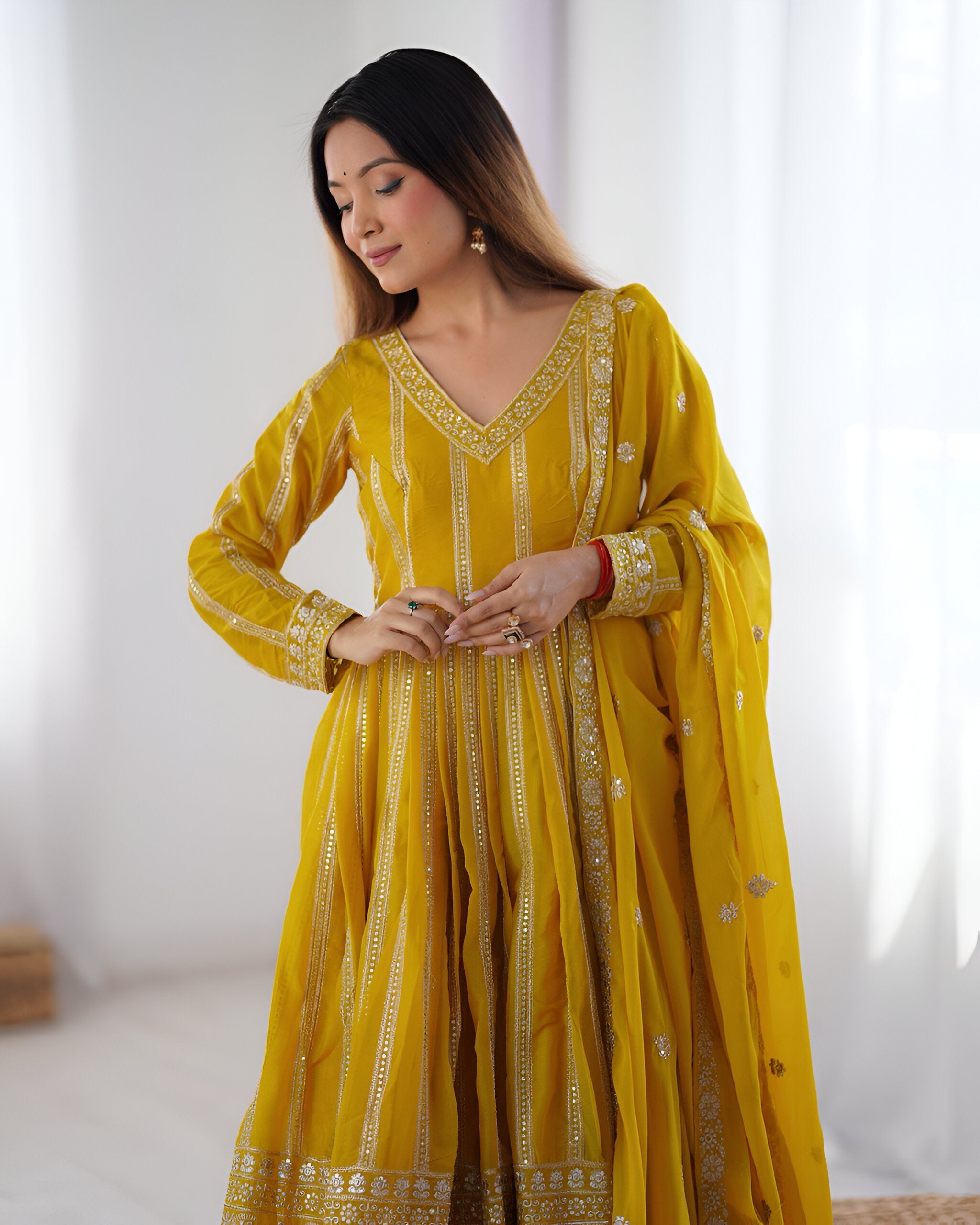 Lehenga Mart Wedding Wear Anarkali Gown With Dupatta Set - Yellow