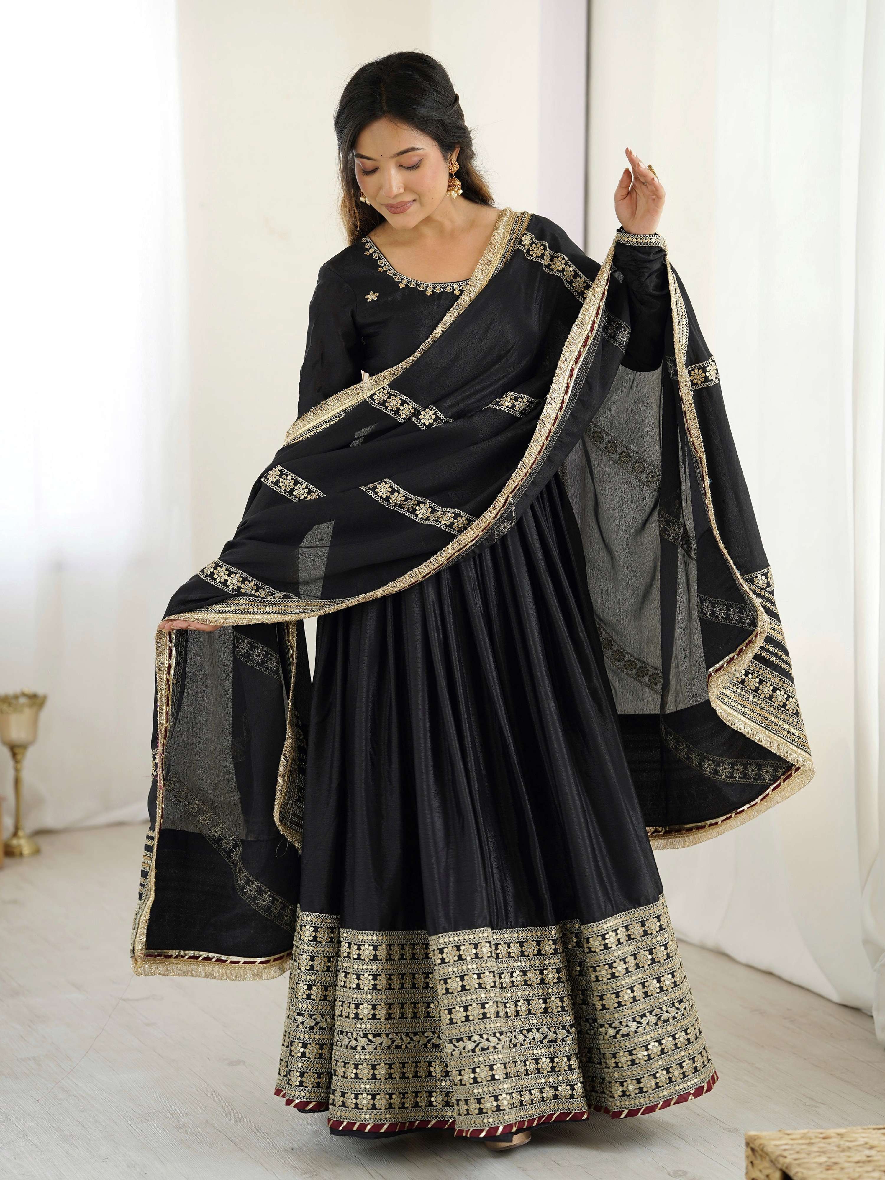 Lehenga Mart Black Chinon Silk Designer Chinon Silk Gown