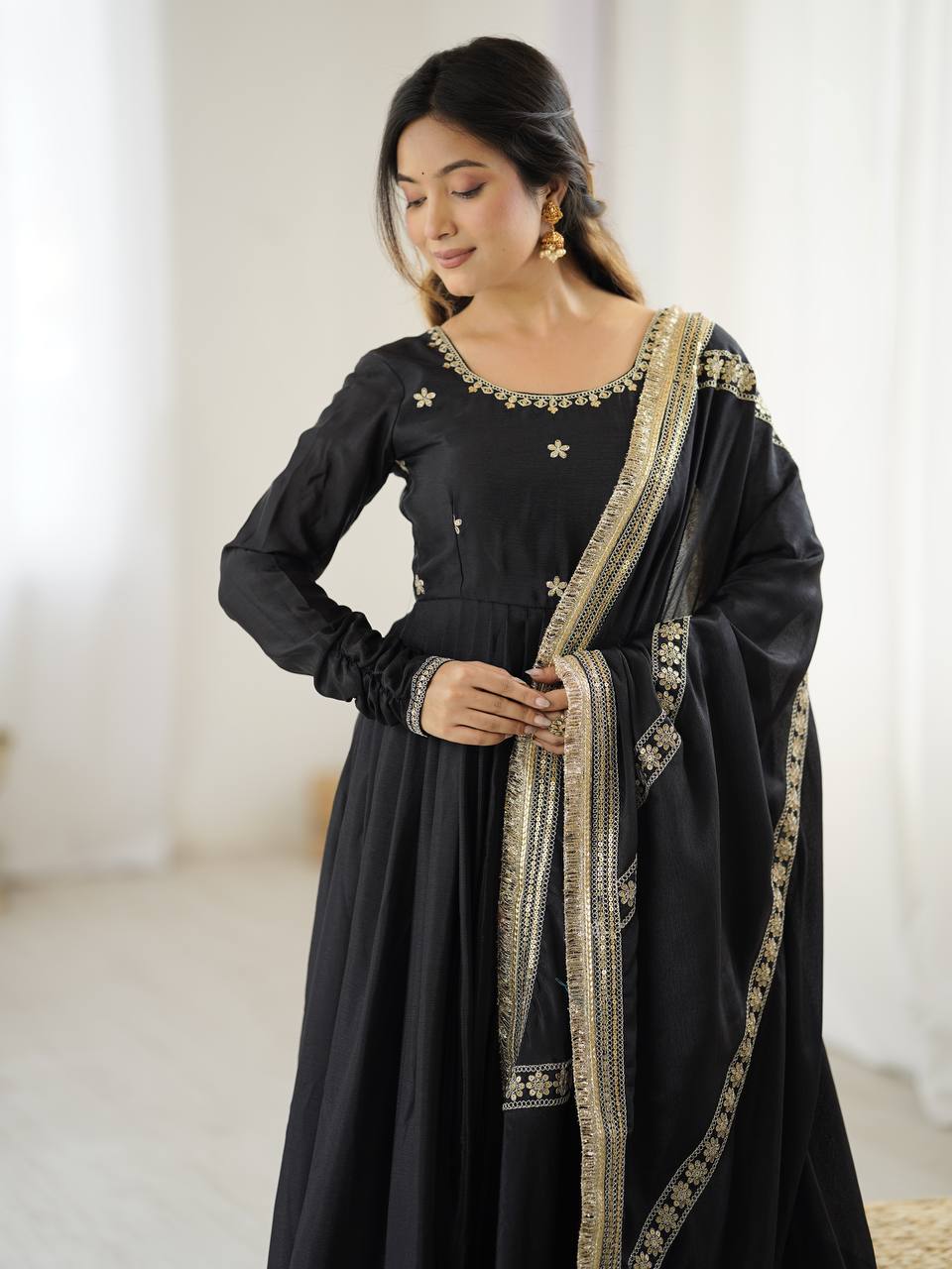 Lehenga Mart Black Chinon Silk Designer Chinon Silk Gown