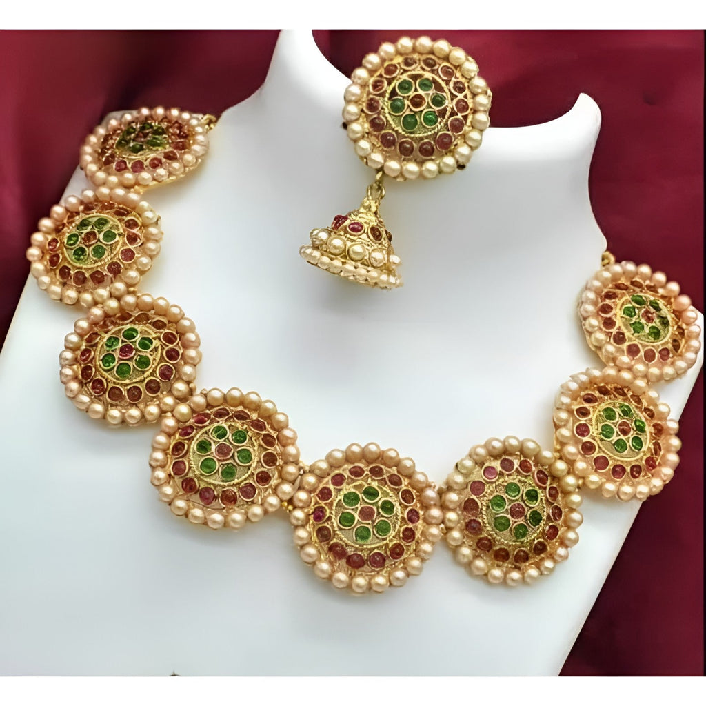 Jewel City Antique Gold Floral Round Disc Necklace Set - Kemp Stone Traditional Choker with Earrings - Handcrafted Temple Jewelry