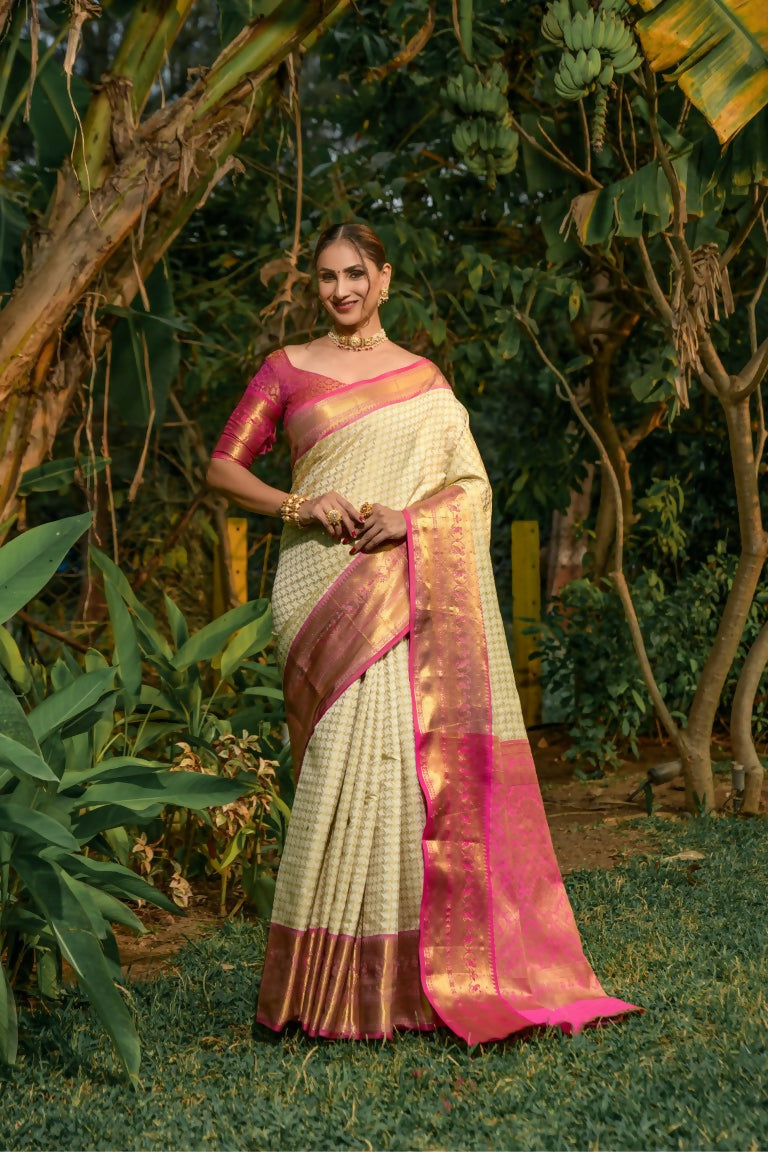 Jyoti Fashion Women's Off White Kanjivaram Silk Zari Woven Saree with Blouse
