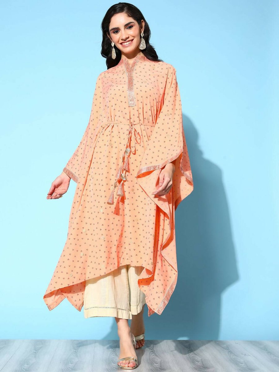 Ahalyaa Women's Peach Crepe Printed Kaftan Kurta