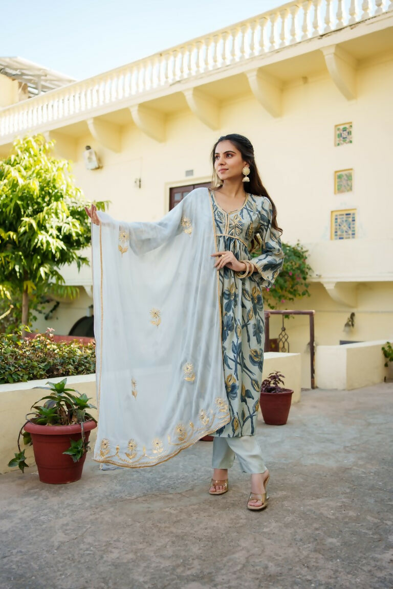 Vaasva Women SkyBlue Muslin Embroidered Kurta,Pant & Dupatta Set
