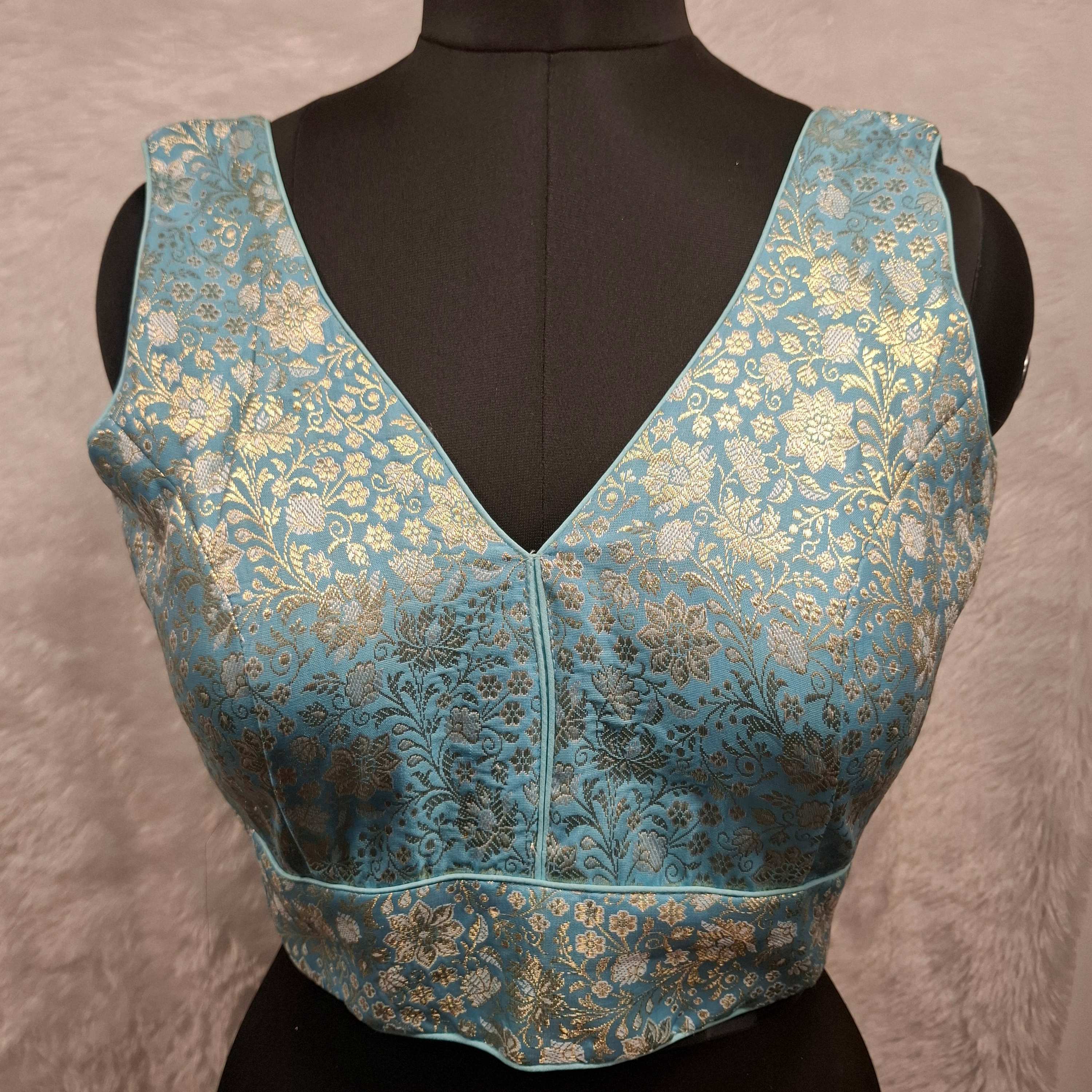 Kia Fashions Blue Banarasi With Gold & Silver Weave Readymade Blouse