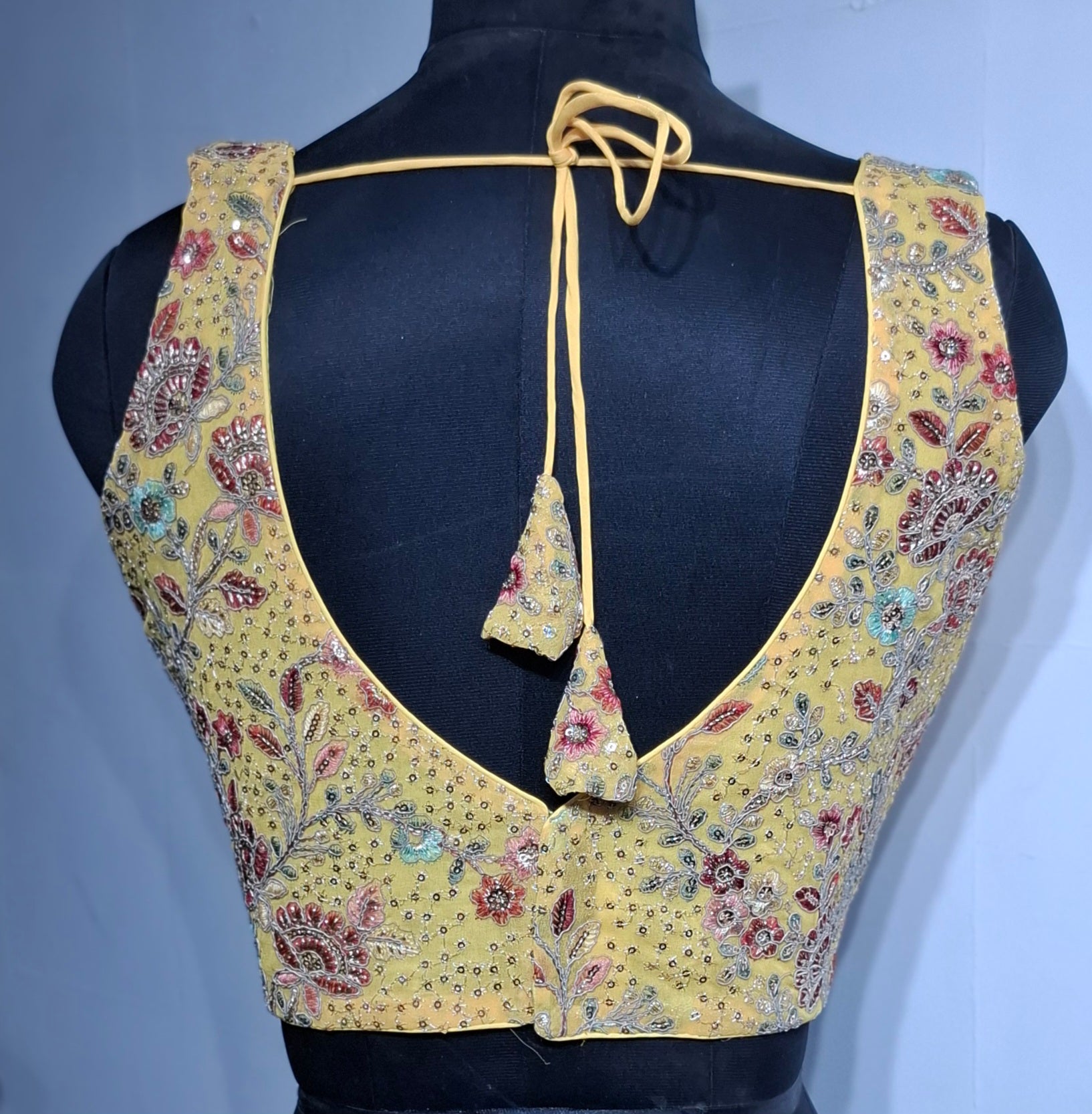 Kia Fashions Eggyolk Yellow Georgette Multi Color Emb & Sqn Readymade Blouse