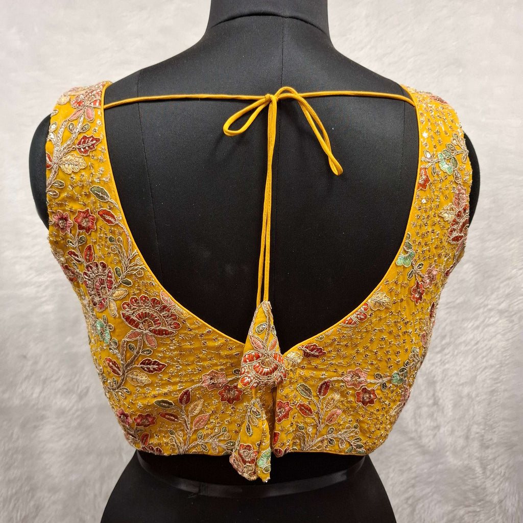 Kia Fashions Mustard Yellow Georgette Multi Color Emb & Sqn Readymade Blouse
