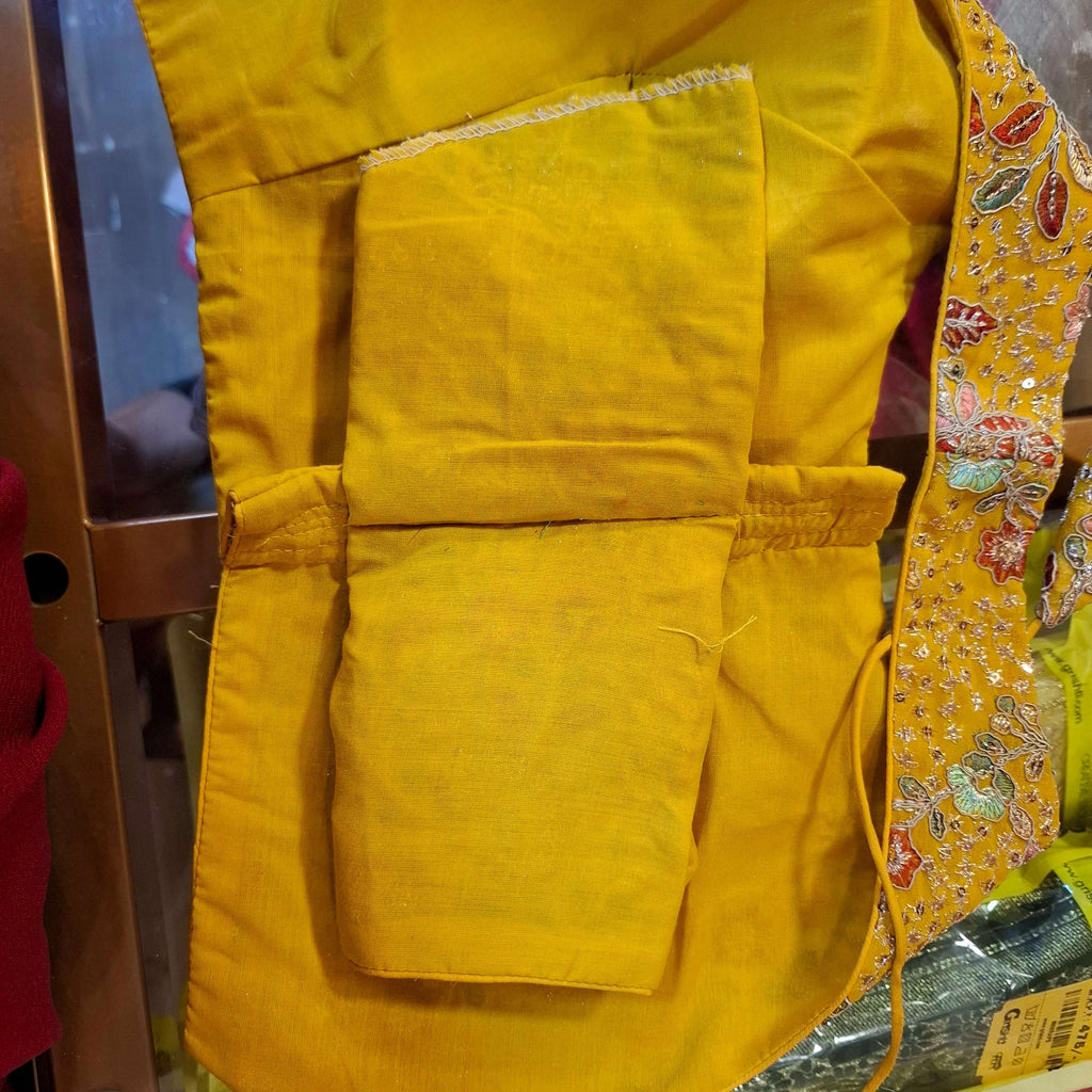 Kia Fashions Mustard Yellow Georgette Multi Color Emb & Sqn Readymade Blouse