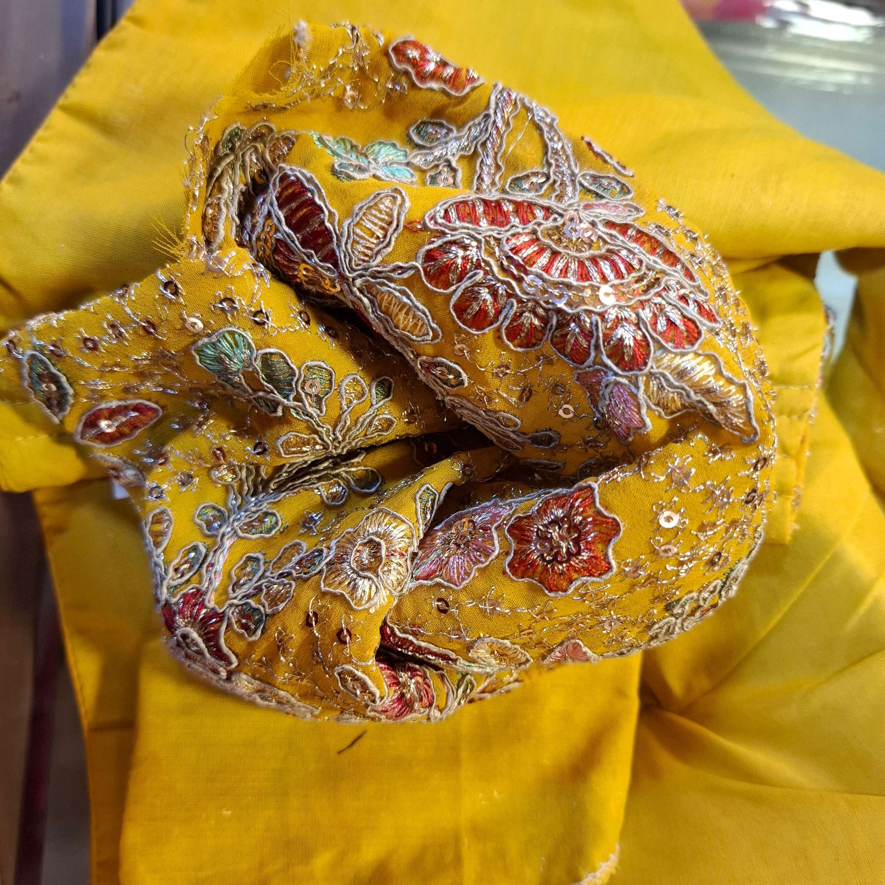 Kia Fashions Mustard Yellow Georgette Multi Color Emb & Sqn Readymade Blouse