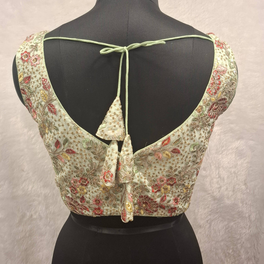 Kia Fashions Pistachio Green Georgette Multi Color Emb & Sqn Readymade Blouse