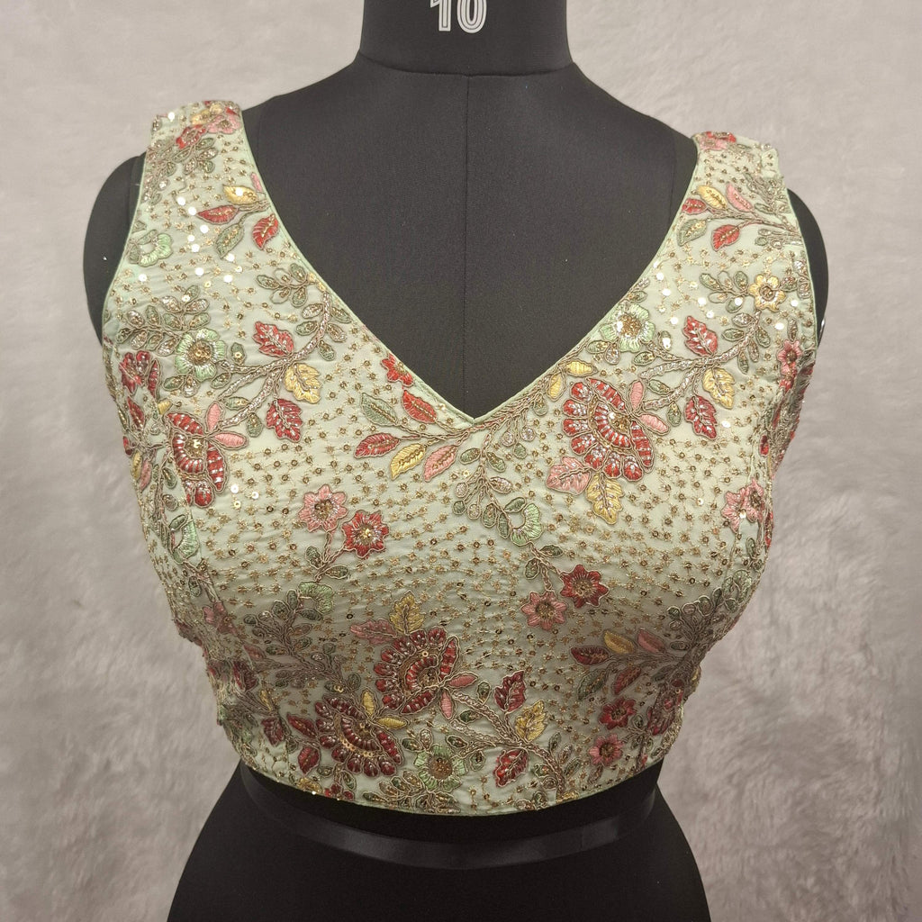 Kia Fashions Pistachio Green Georgette Multi Color Emb & Sqn Readymade Blouse
