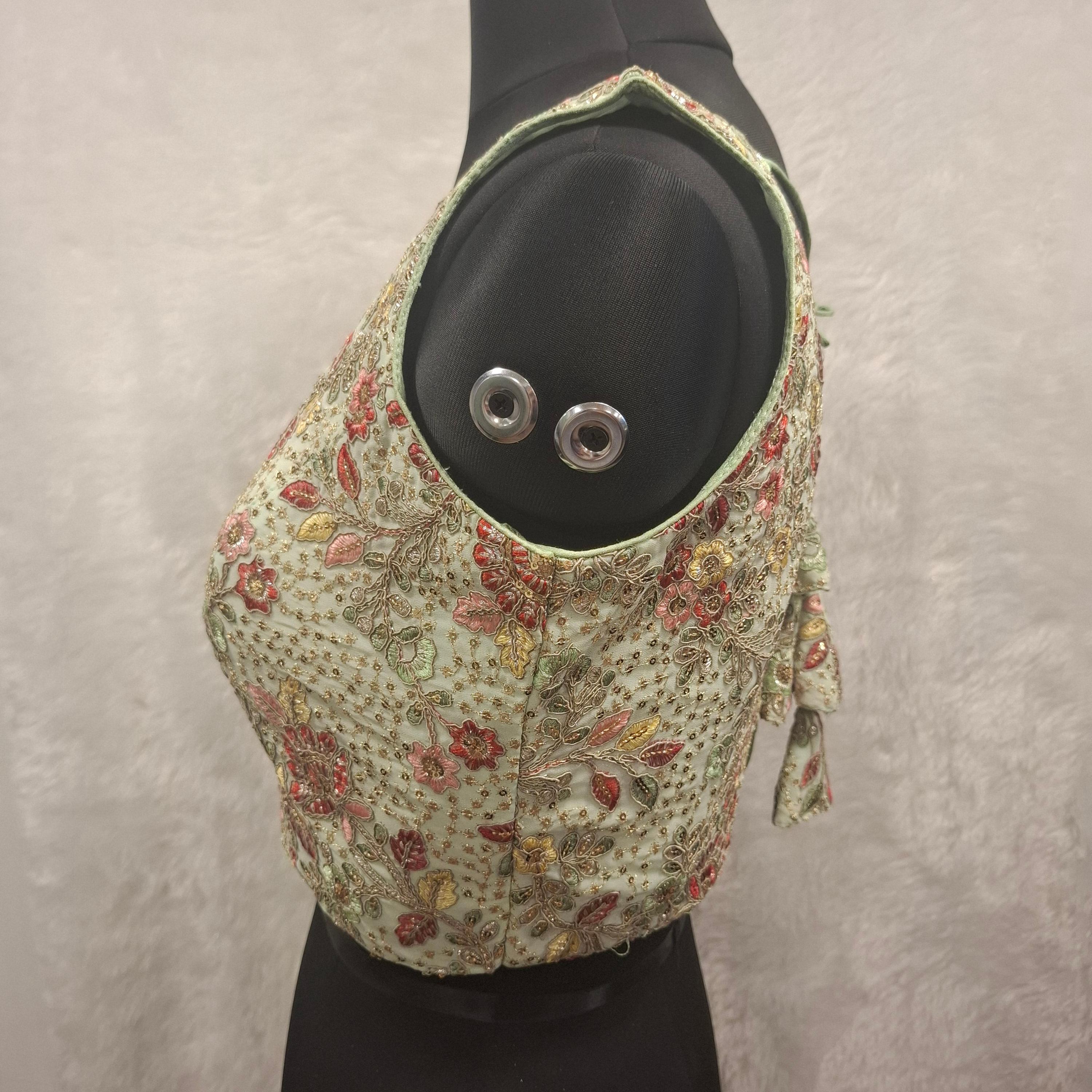 Kia Fashions Pistachio Green Georgette Multi Color Emb & Sqn Readymade Blouse