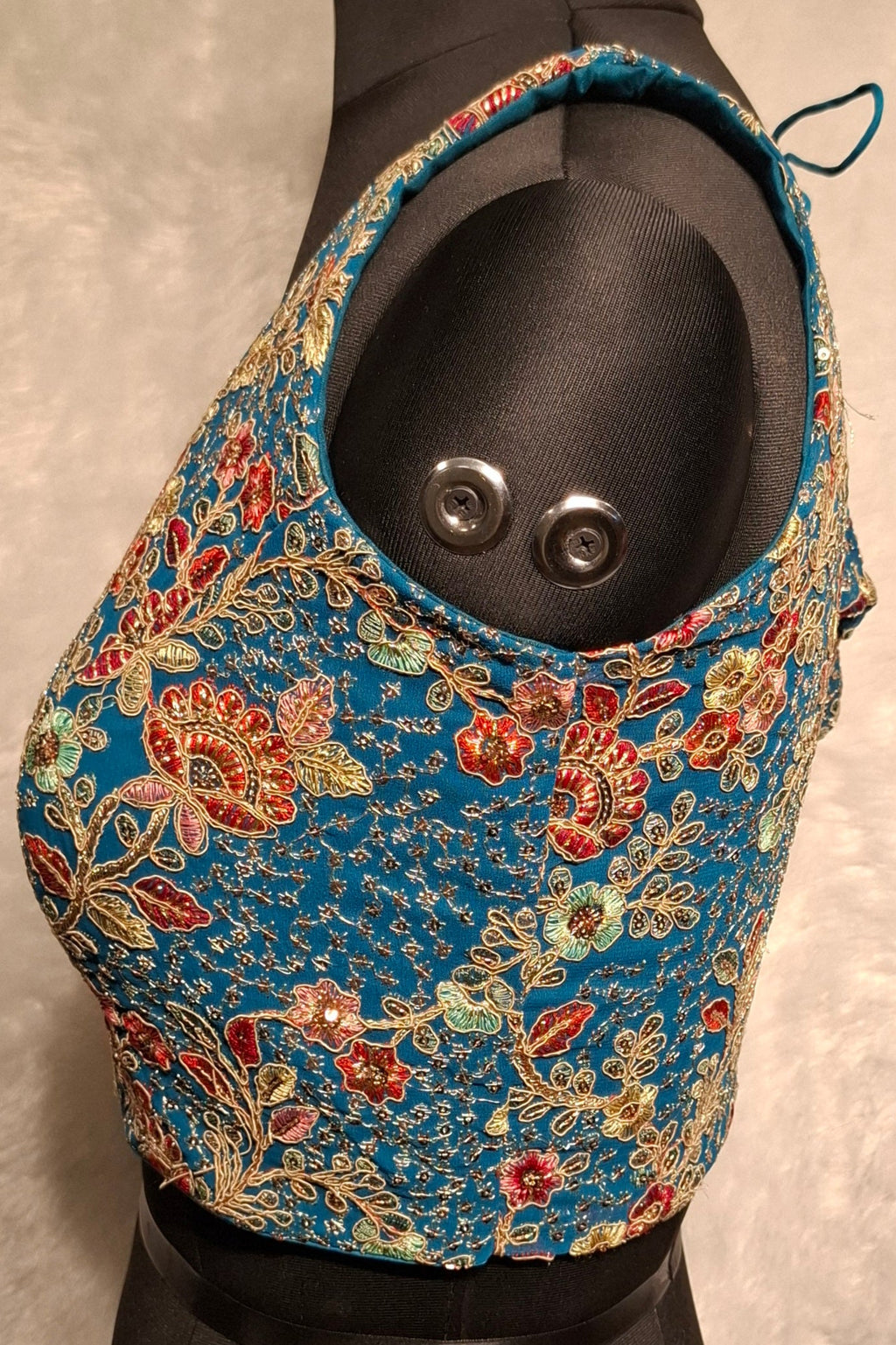 Kia Fashions Turquoise Blue Georgette Multi Color Emb & Sqn Readymade Blouse