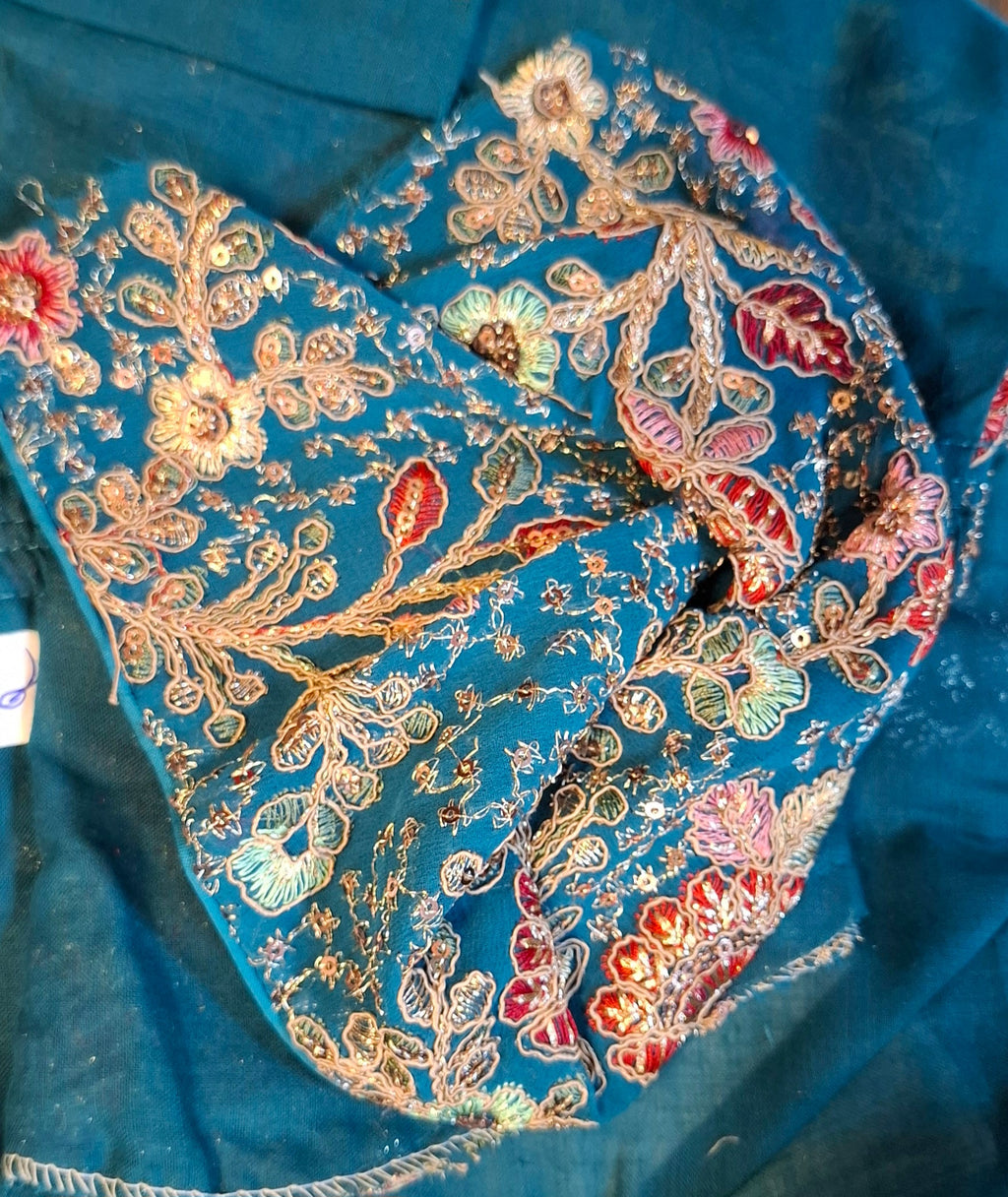 Kia Fashions Turquoise Blue Georgette Multi Color Emb & Sqn Readymade Blouse