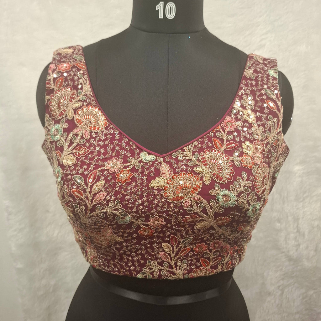 Kia Fashions Wine Georgette Multi Color Emb & Sqn Readymade Blouse