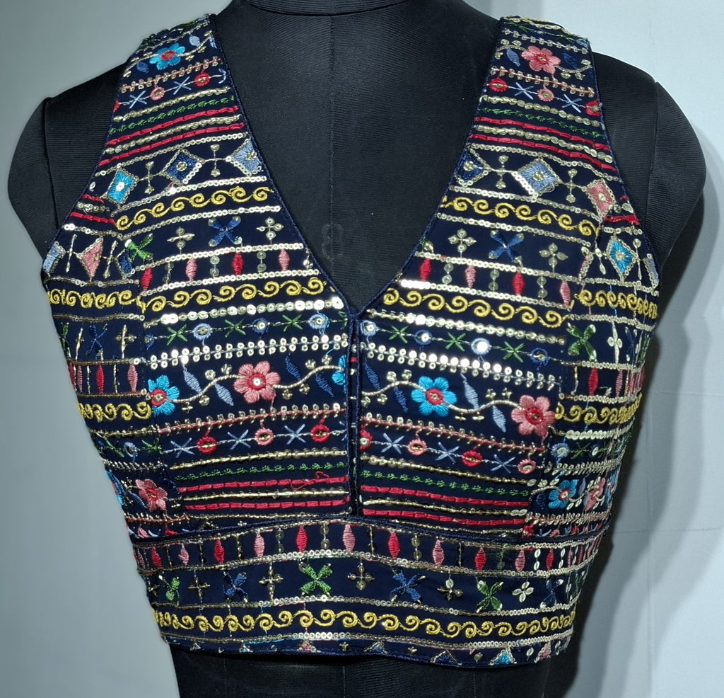 Kia Fashions Navy Blue Multi Color Embroidered Readymade Blouse