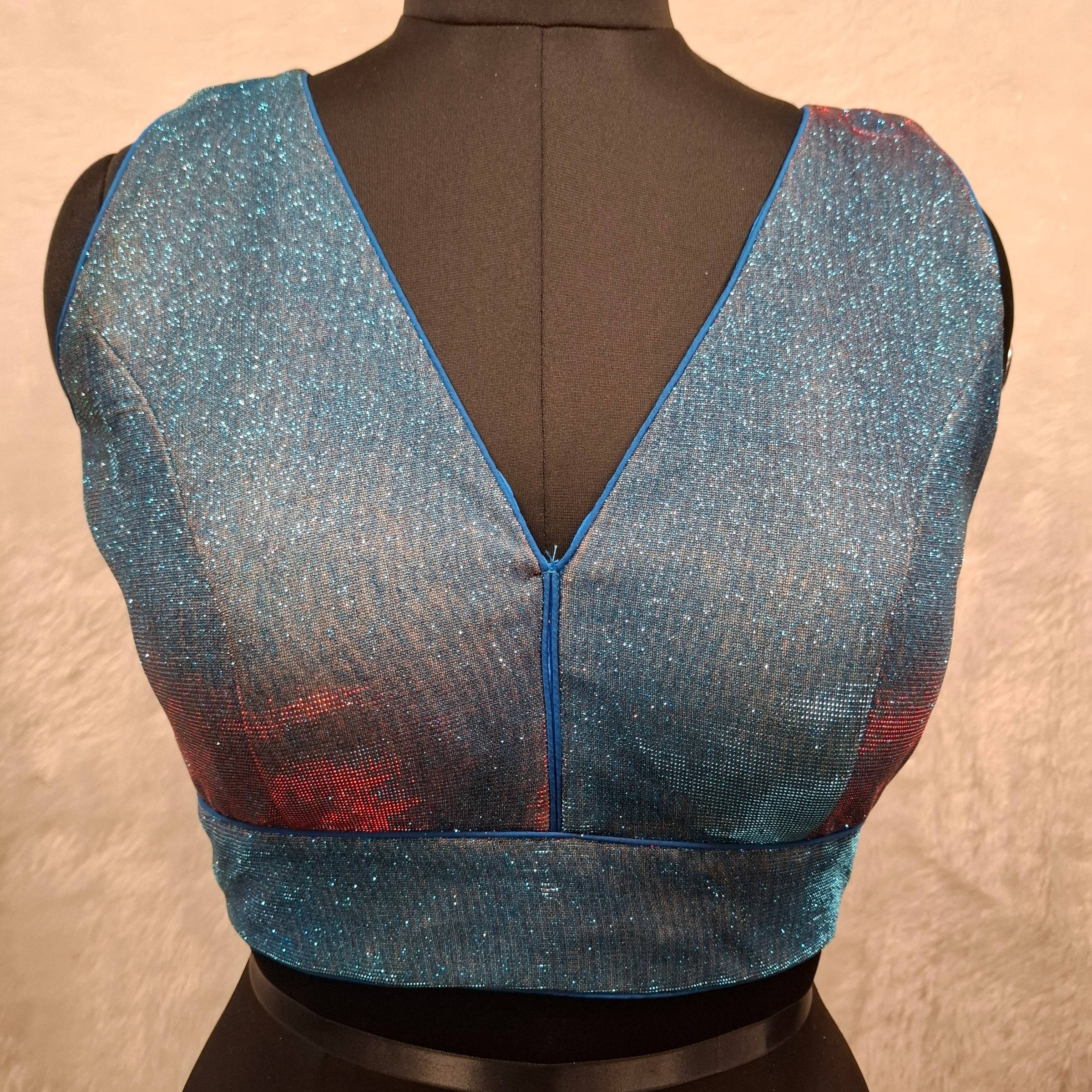 Kia Fashions Blue Red Dual Tone Glitter Fabric Readymade Blouse