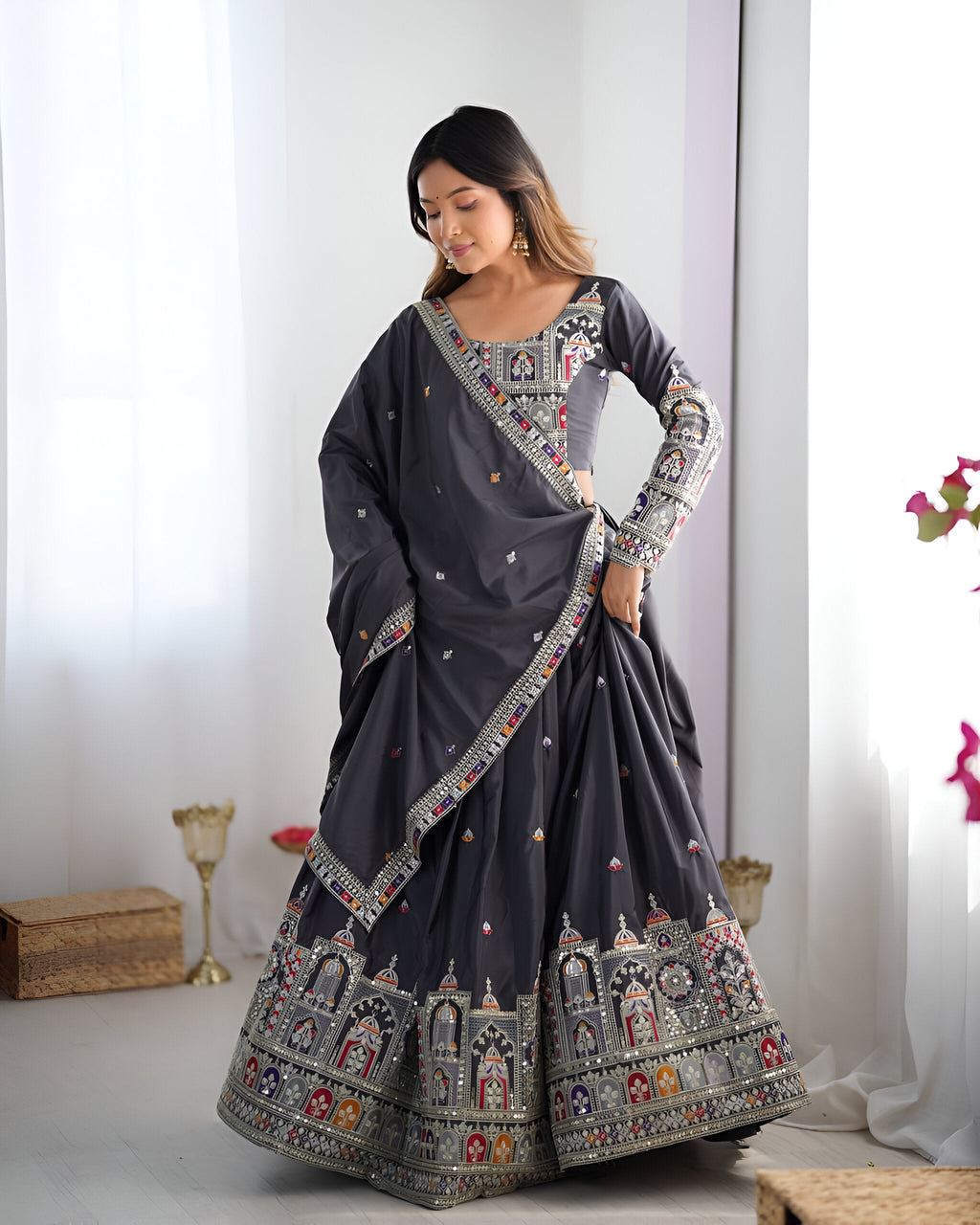 Lehenga Mart Designer Bollywood Style Wedding Wear Lehenga Choli - Grey