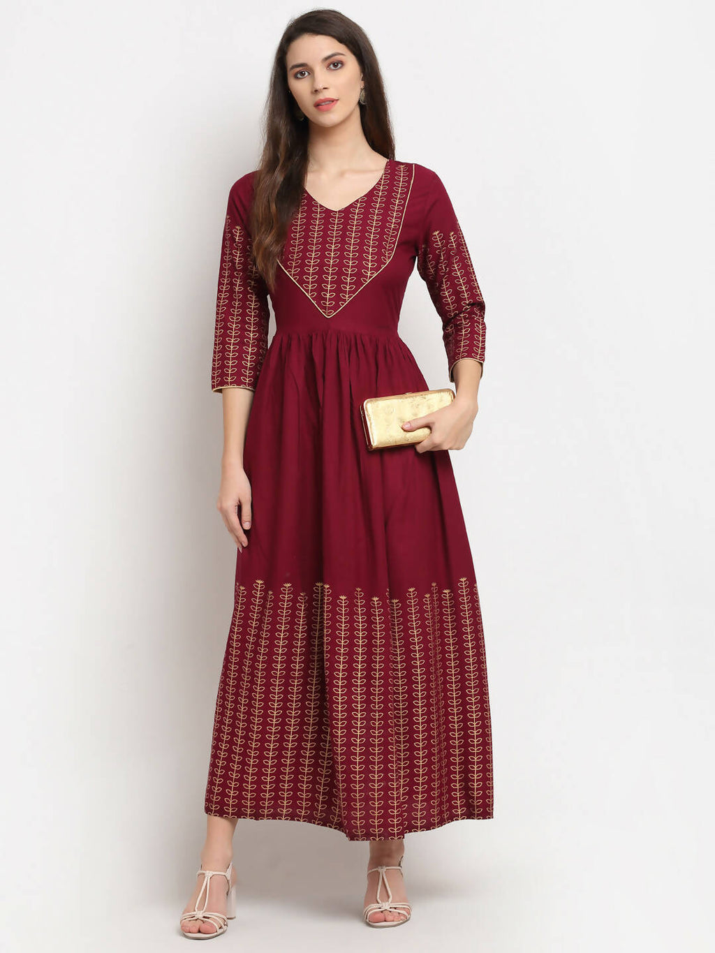 Rudra bazaar Gold Printed A-line flared Maroon Kurti