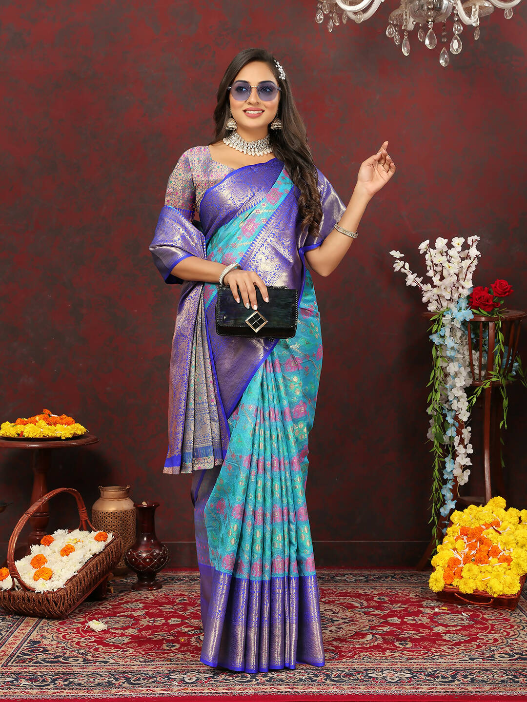 Lorenvalley Fashion Skyblue Cotton Woven Design Zari Meenakari Weaving Saree