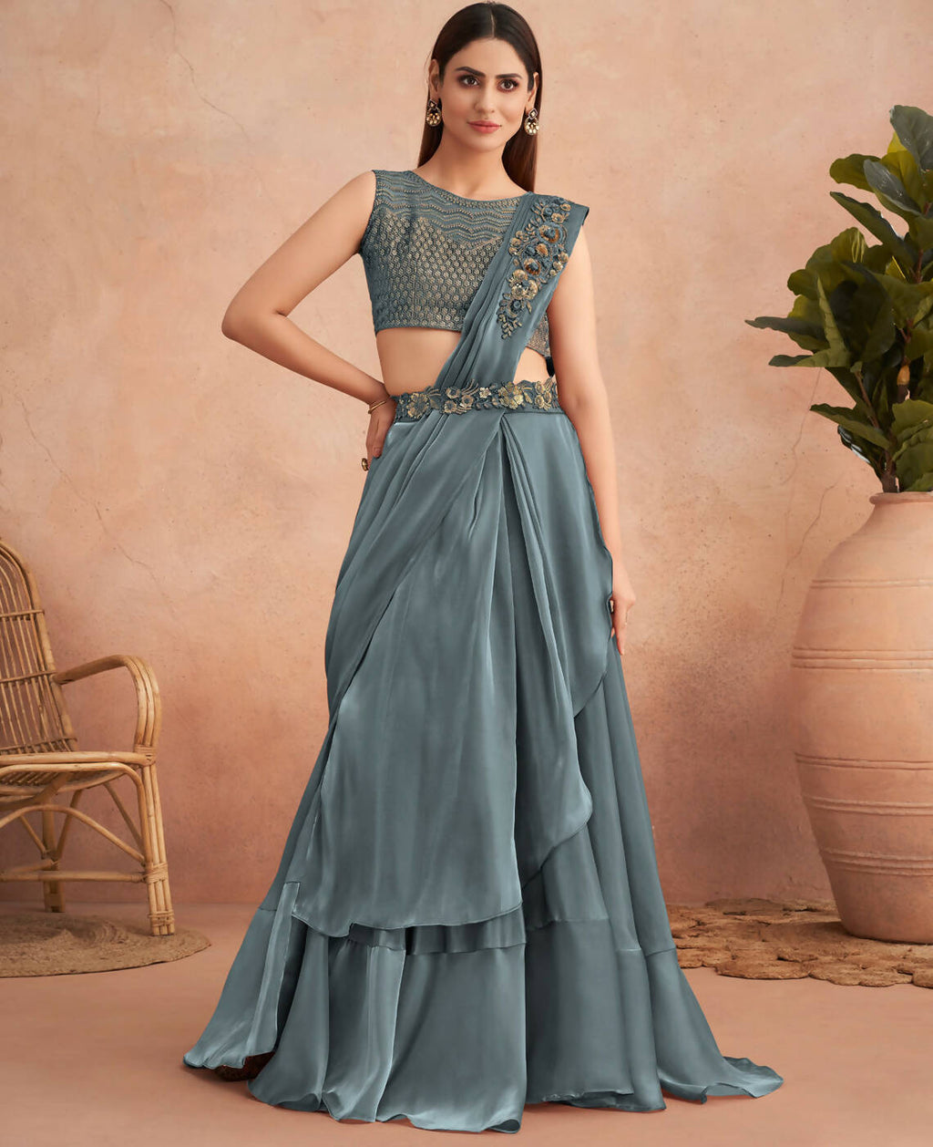 Blue Satin Embroidered Ready To Wear Saree With Unstitched Blouse Piece - Nandika