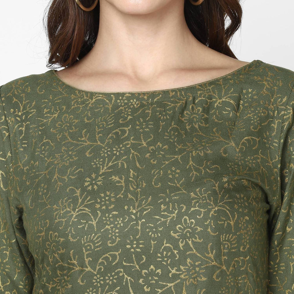 Cheera Hand Block Print Olive Green & Skin Color Straight Kurta With Palazzo (MAAI-083K)