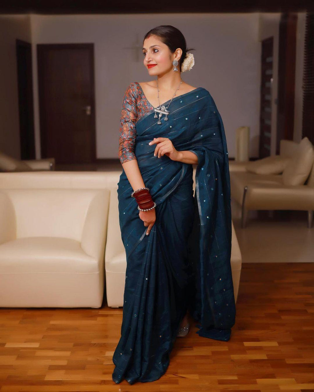 Blue Pure Linen Ethnic Motifs Saree with Unstitched Blouse - Hiral Fashion
