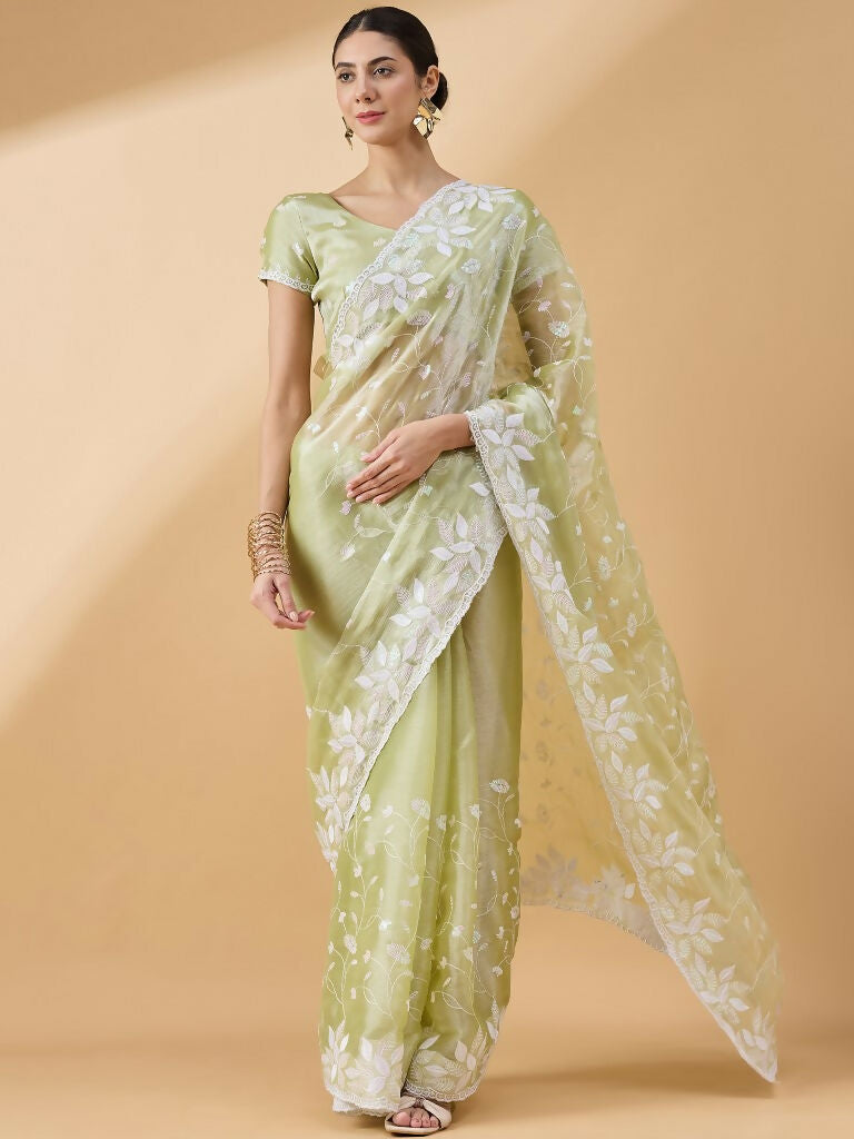 Green Tissue Slub Embroidered Saree with Unstitched Blouse - Vairagi