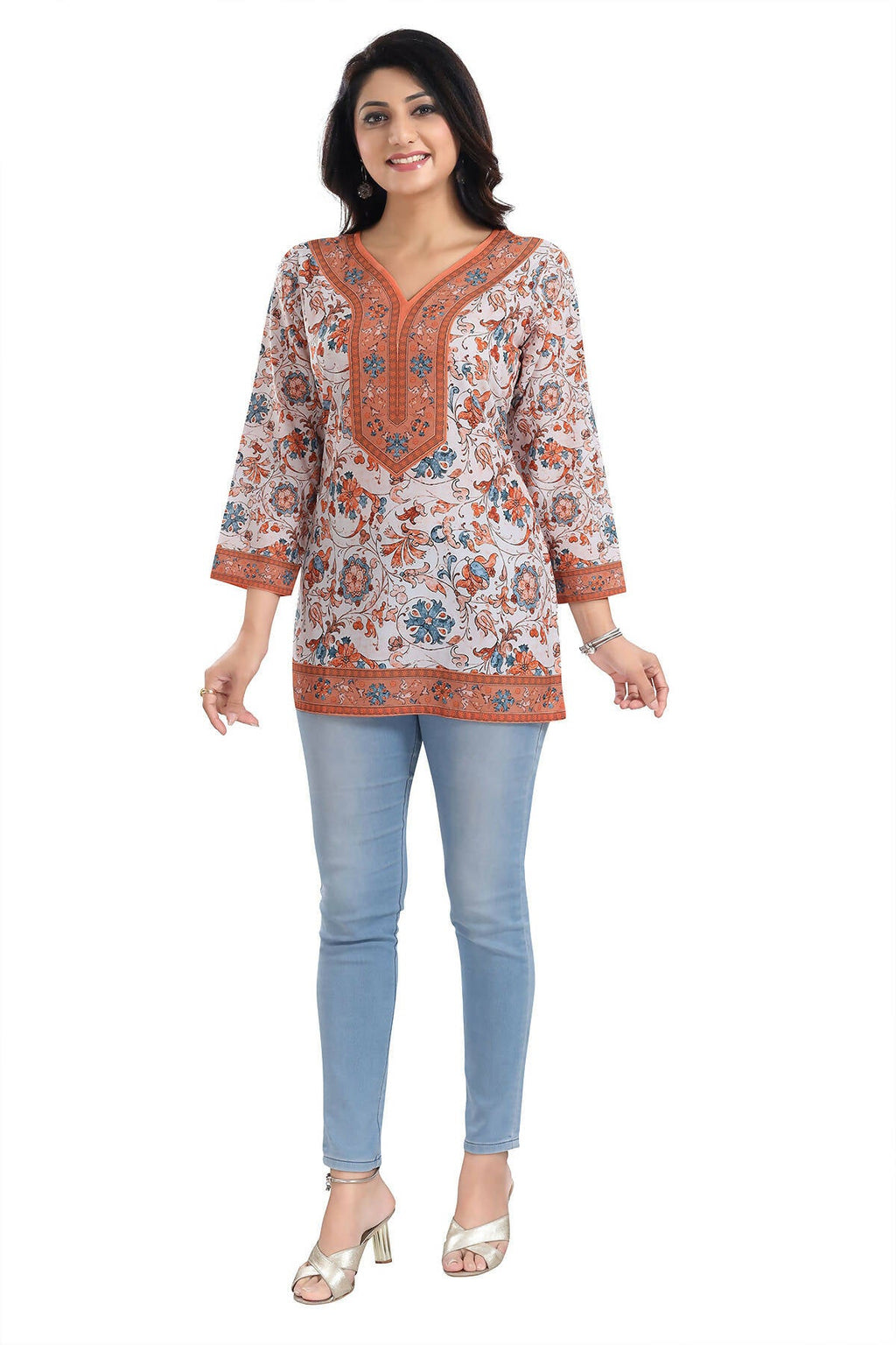 Snehal Creations Cream Faux Crepe Short Kurti Tunic Top