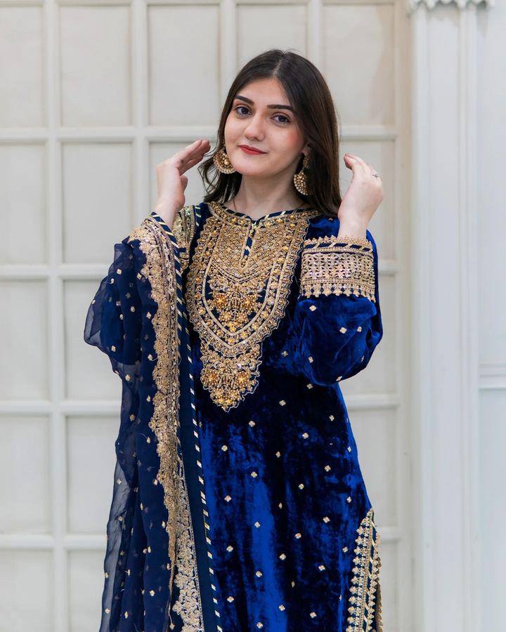 Prazu Fashion Blue Viscose Velvet Embroidered Sequins Salwar Suit