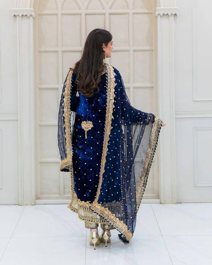 Prazu Fashion Blue Viscose Velvet Embroidered Sequins Salwar Suit