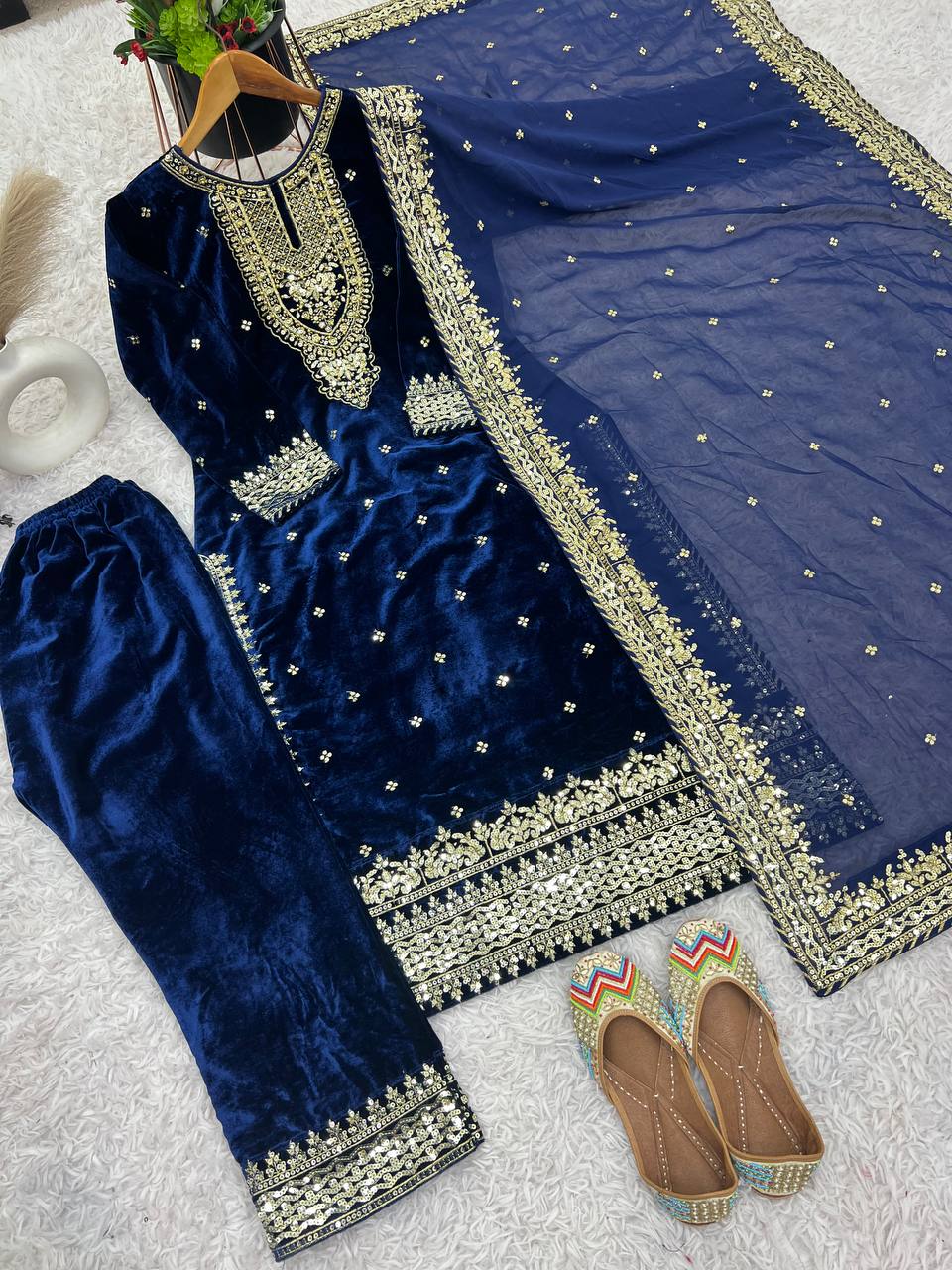 Prazu Fashion Blue Viscose Velvet Embroidered Sequins Salwar Suit