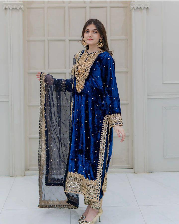 Prazu Fashion Blue Viscose Velvet Embroidered Sequins Salwar Suit