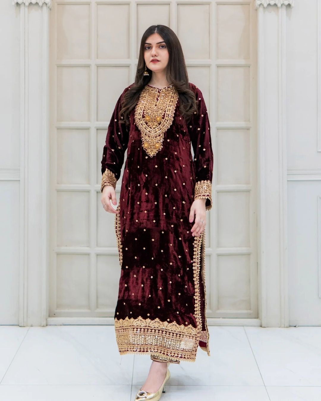 Prazu Fashion Maroon Viscose Velvet Embroidered Sequins Salwar Suit