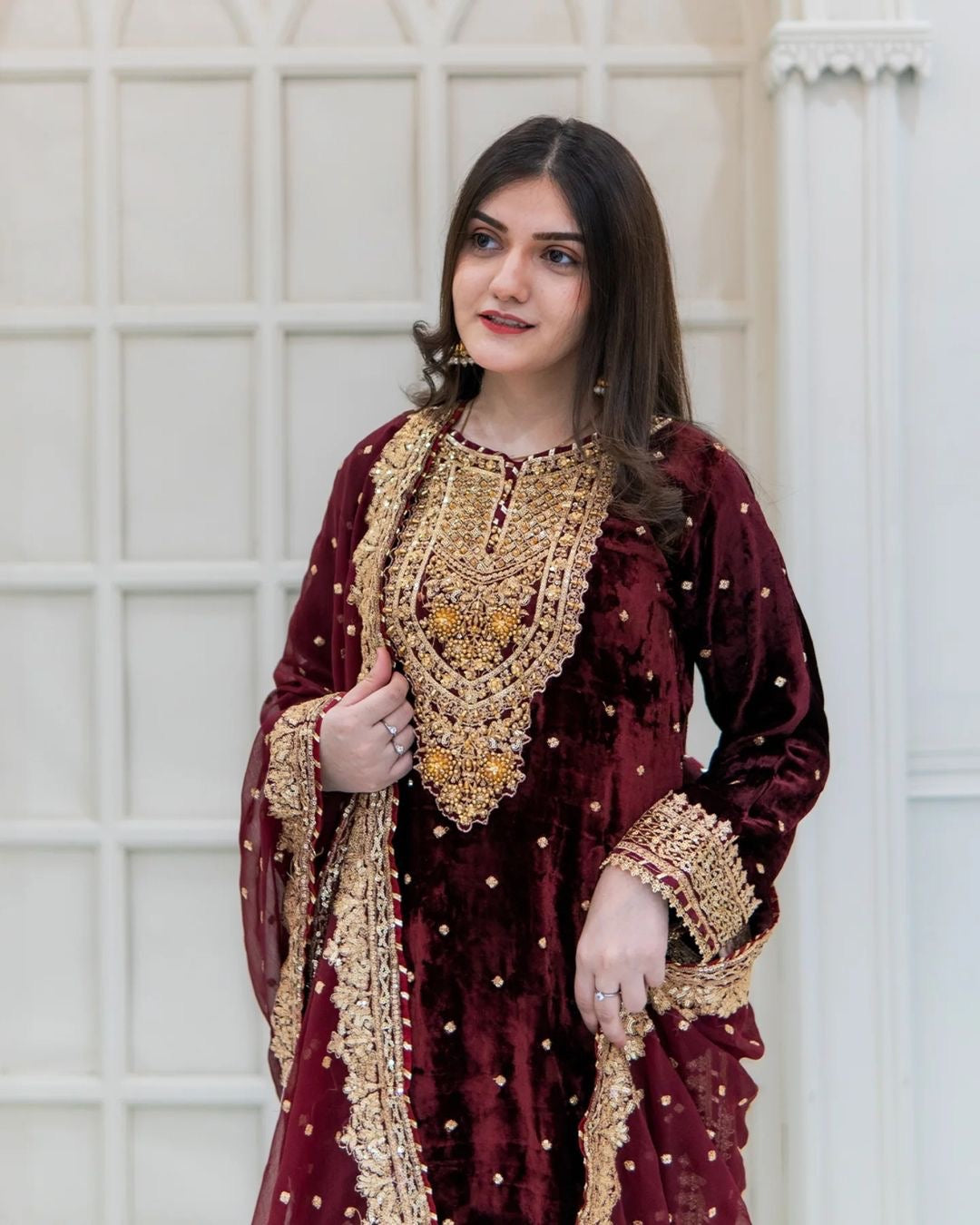 Prazu Fashion Maroon Viscose Velvet Embroidered Sequins Salwar Suit