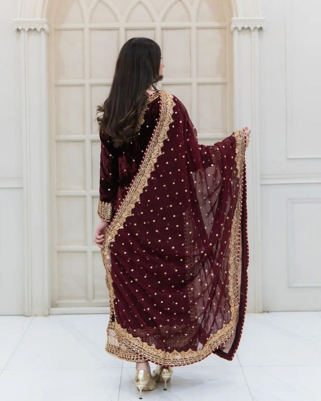Prazu Fashion Maroon Viscose Velvet Embroidered Sequins Salwar Suit