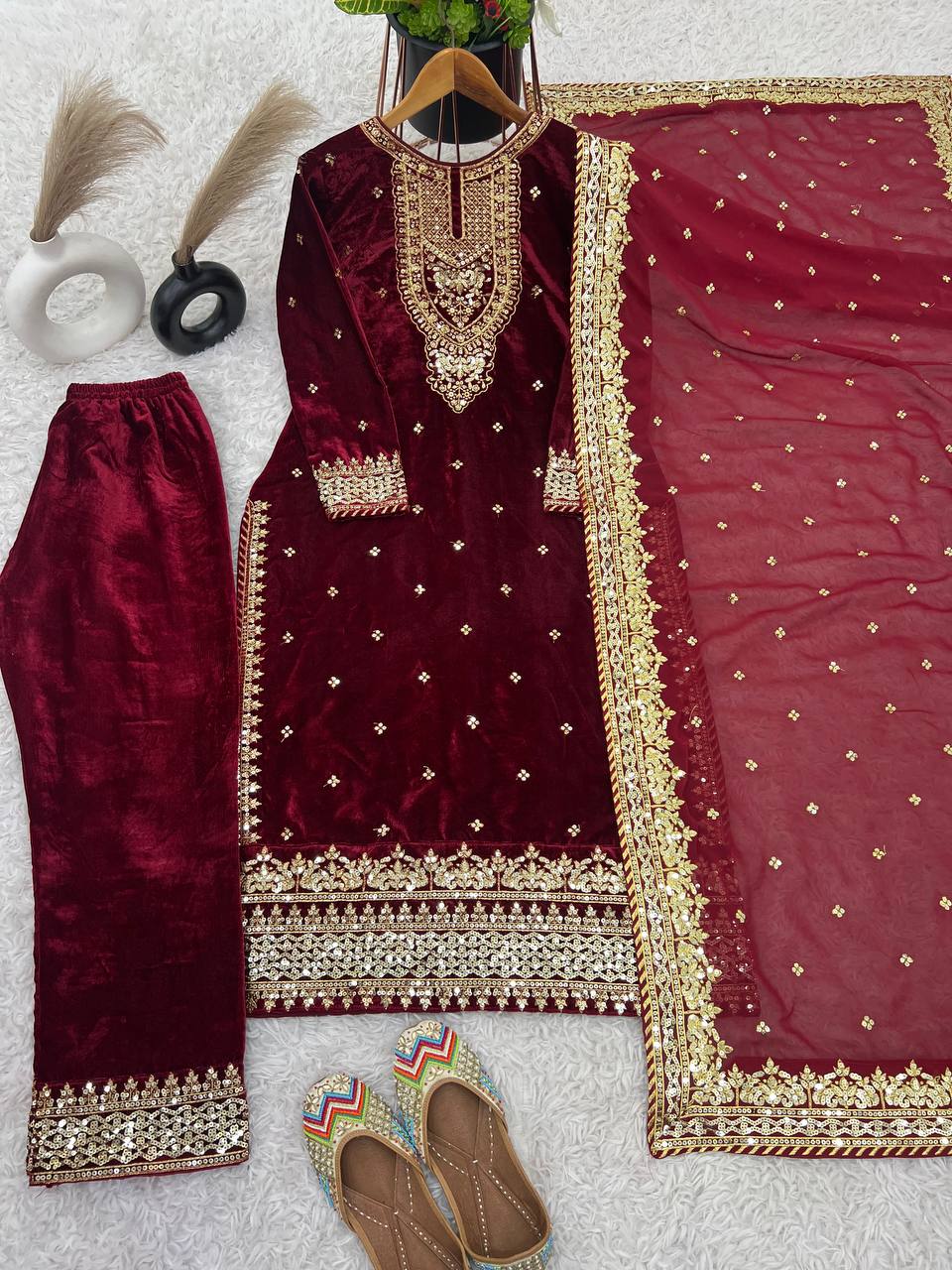 Prazu Fashion Maroon Viscose Velvet Embroidered Sequins Salwar Suit