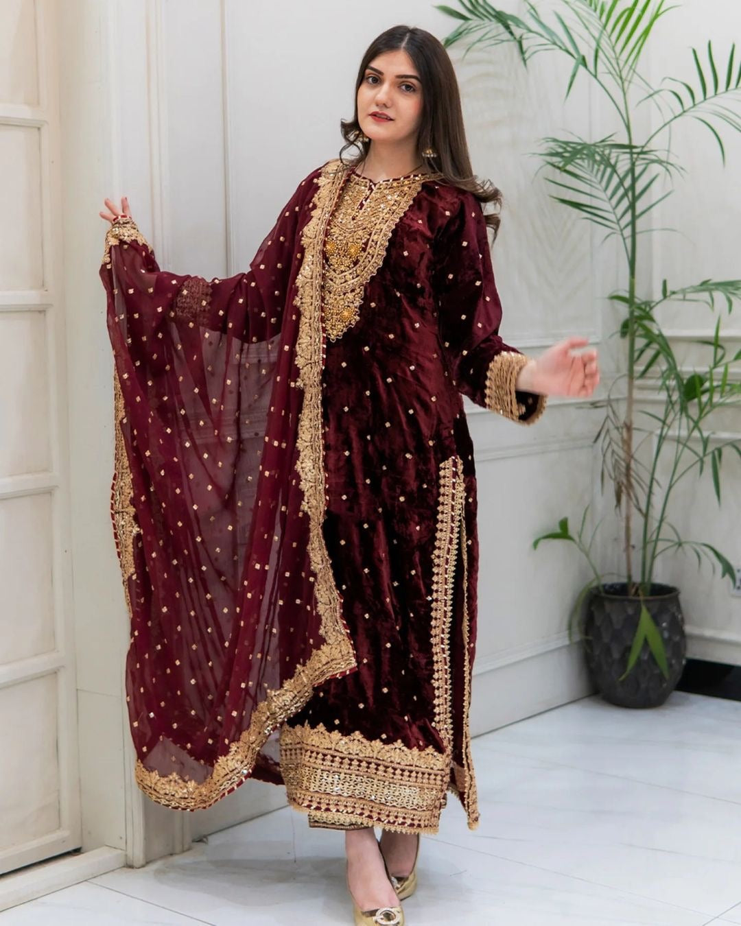 Prazu Fashion Maroon Viscose Velvet Embroidered Sequins Salwar Suit