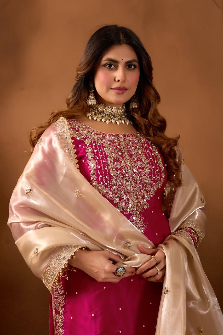 Prazu Fashion Pink Silk Embroidered Coding With Rivet Moti Work Palazzo Suit